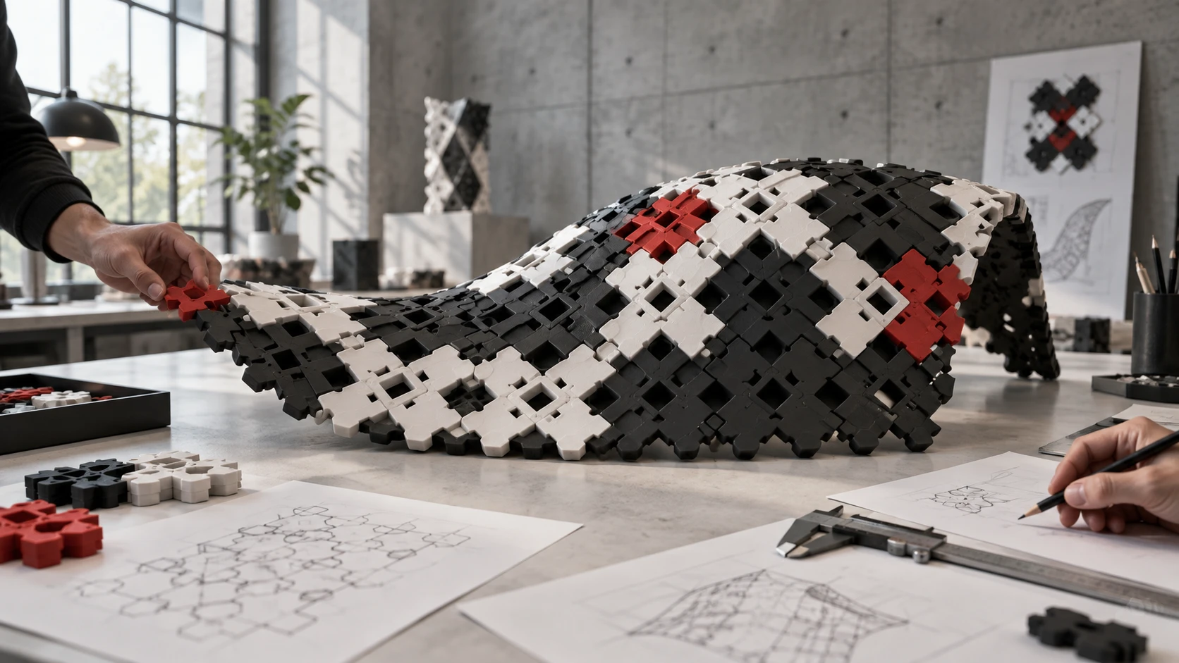 Visualización conceptual de diseño industrial con un panel de módulos negros, blancos y rojos